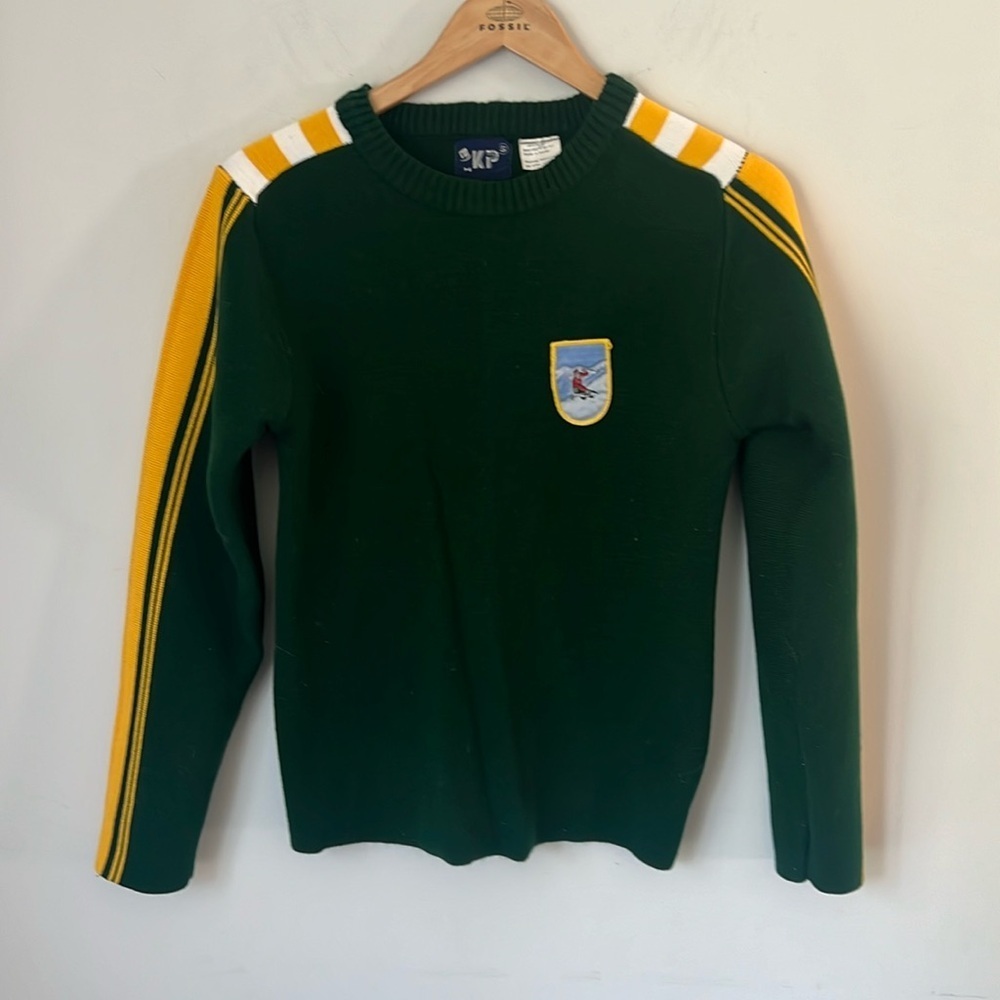 Vintage KP Acrylic Ski Sweater Skiier Patch On Front Striped Sleeves S 70s 80s ^